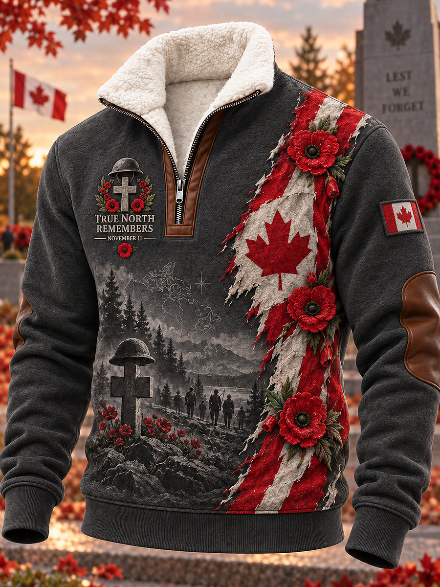 Men's Remembrance Day Printed Long Sleeved Stand Up Collar Lambhair Zipper Top