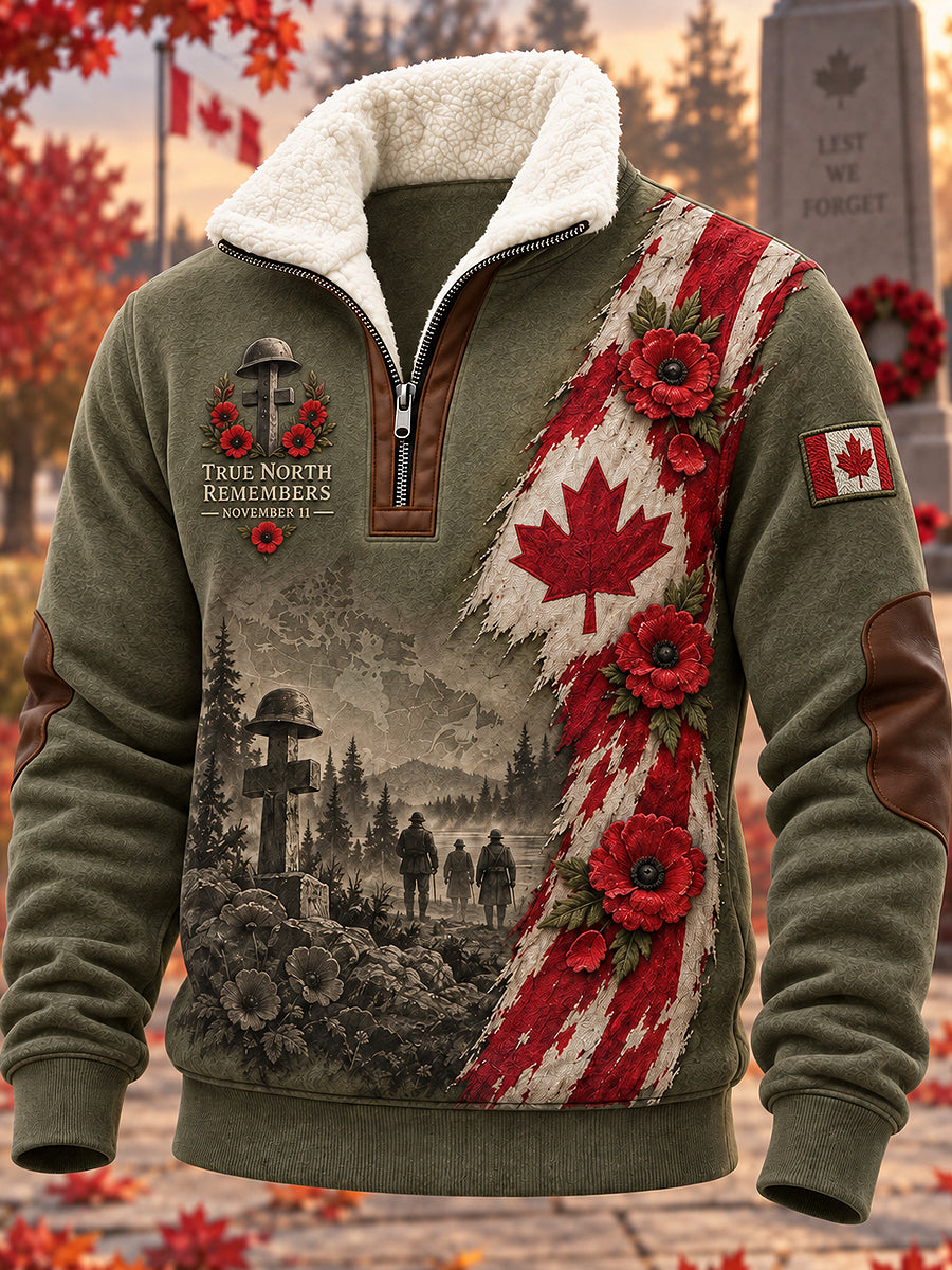 Men's Remembrance Day Printed Long Sleeved Stand Up Collar Lambhair Zipper Top