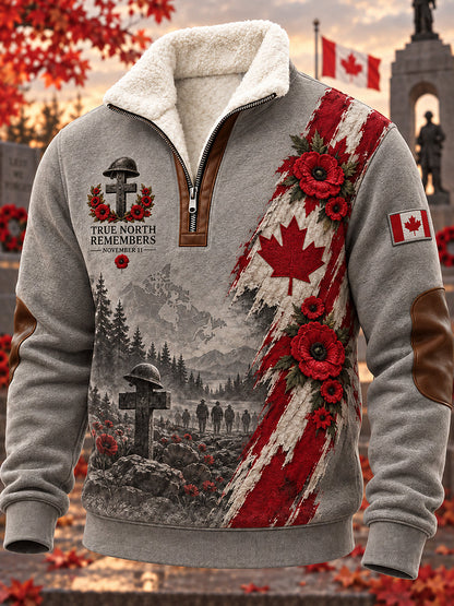 Men's Remembrance Day Printed Long Sleeved Stand Up Collar Lambhair Zipper Top