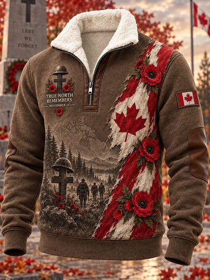 Men's Remembrance Day Printed Long Sleeved Stand Up Collar Lambhair Zipper Top