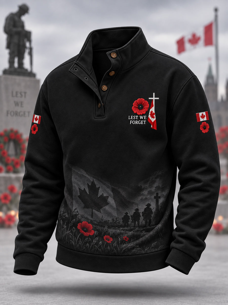 Men's Lest We Forget Canada Remembrance Day Print Buttons Hoodie