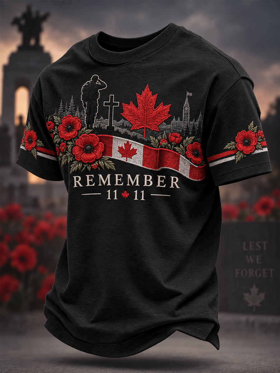 Men's Lest We Forget Canada Remembrance Day Poppy Print Tee