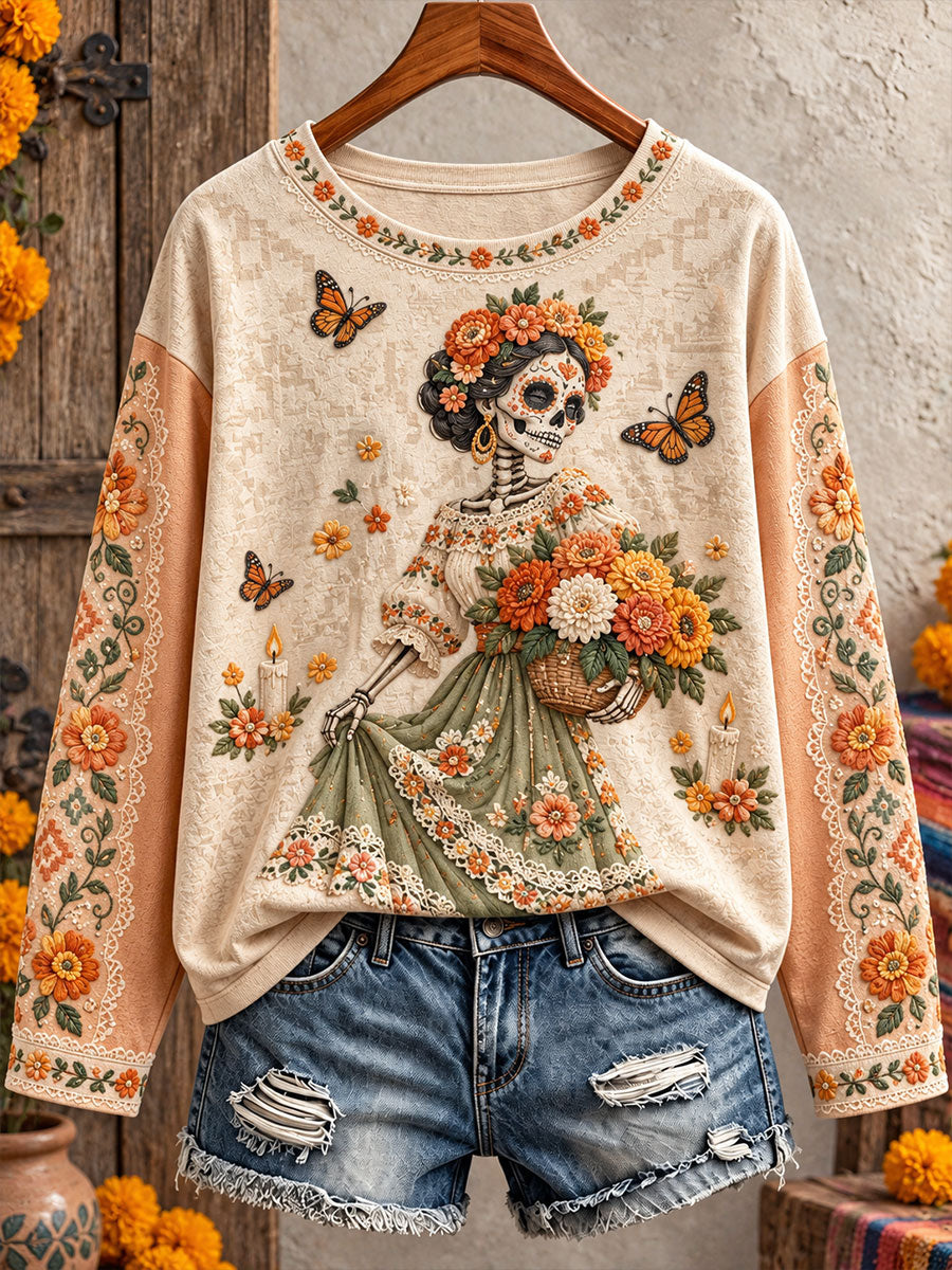 Women's Mexico Day of The Dead Floral Art Printed T-shirt