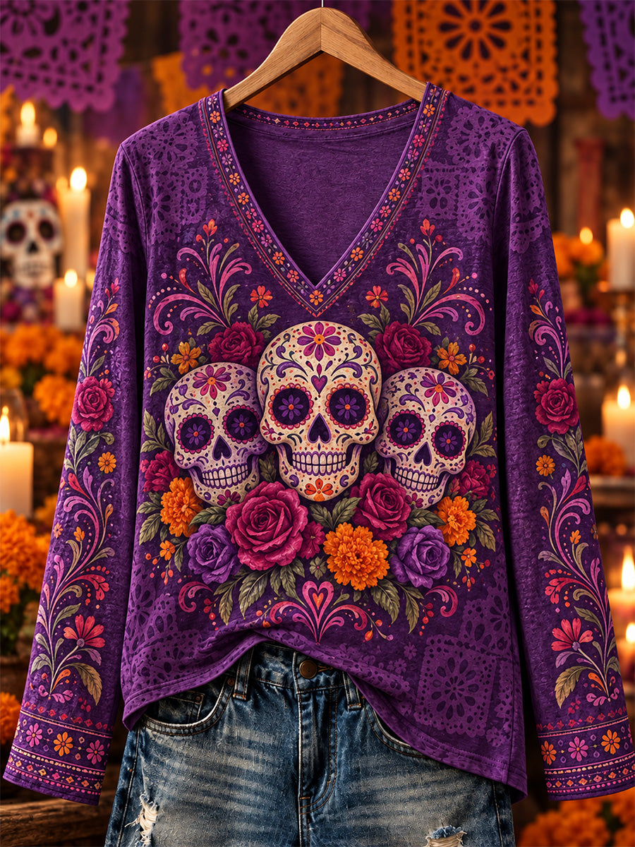 Women's Mexico Day of The Dead Art Print Casual Long Sleeve Shirt