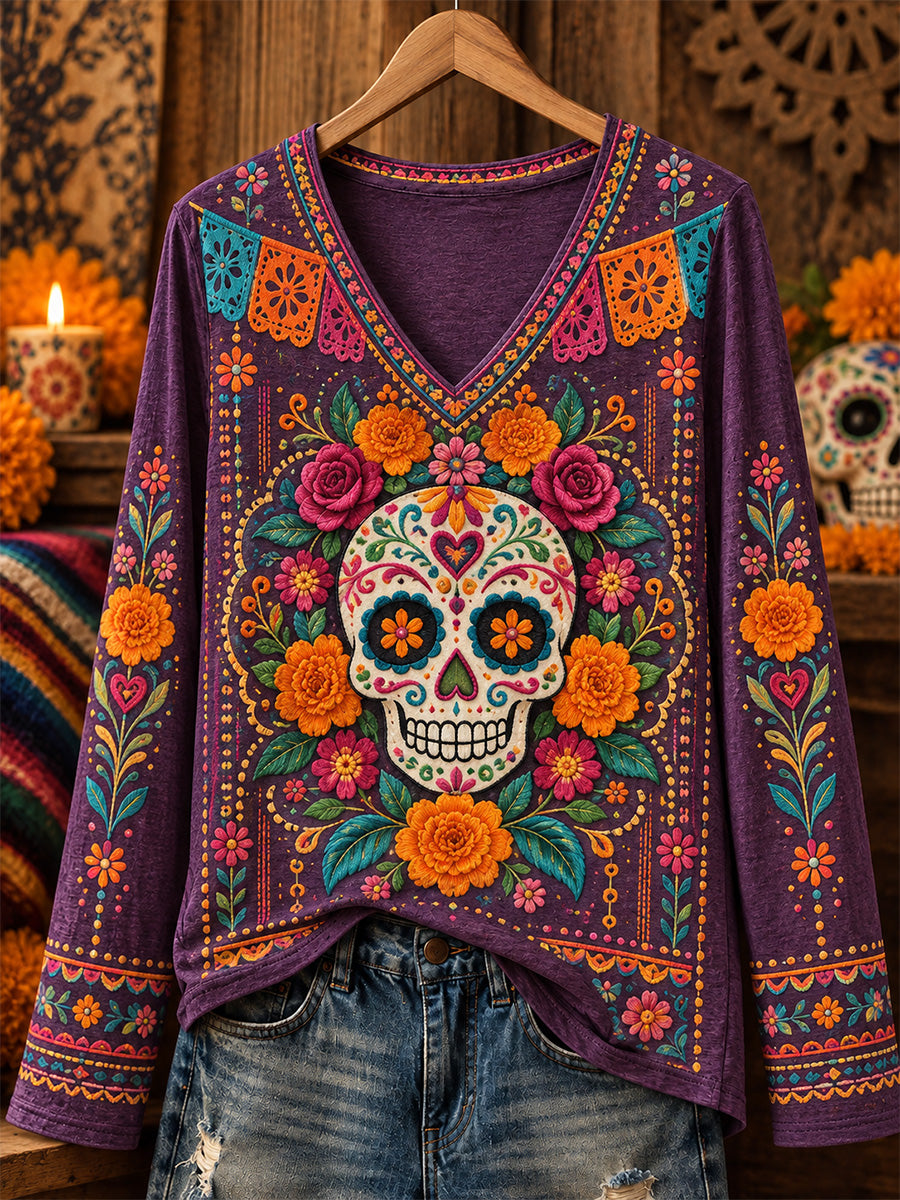 Women's Mexico Day of The Dead Art Print Casual Long Sleeve Shirt