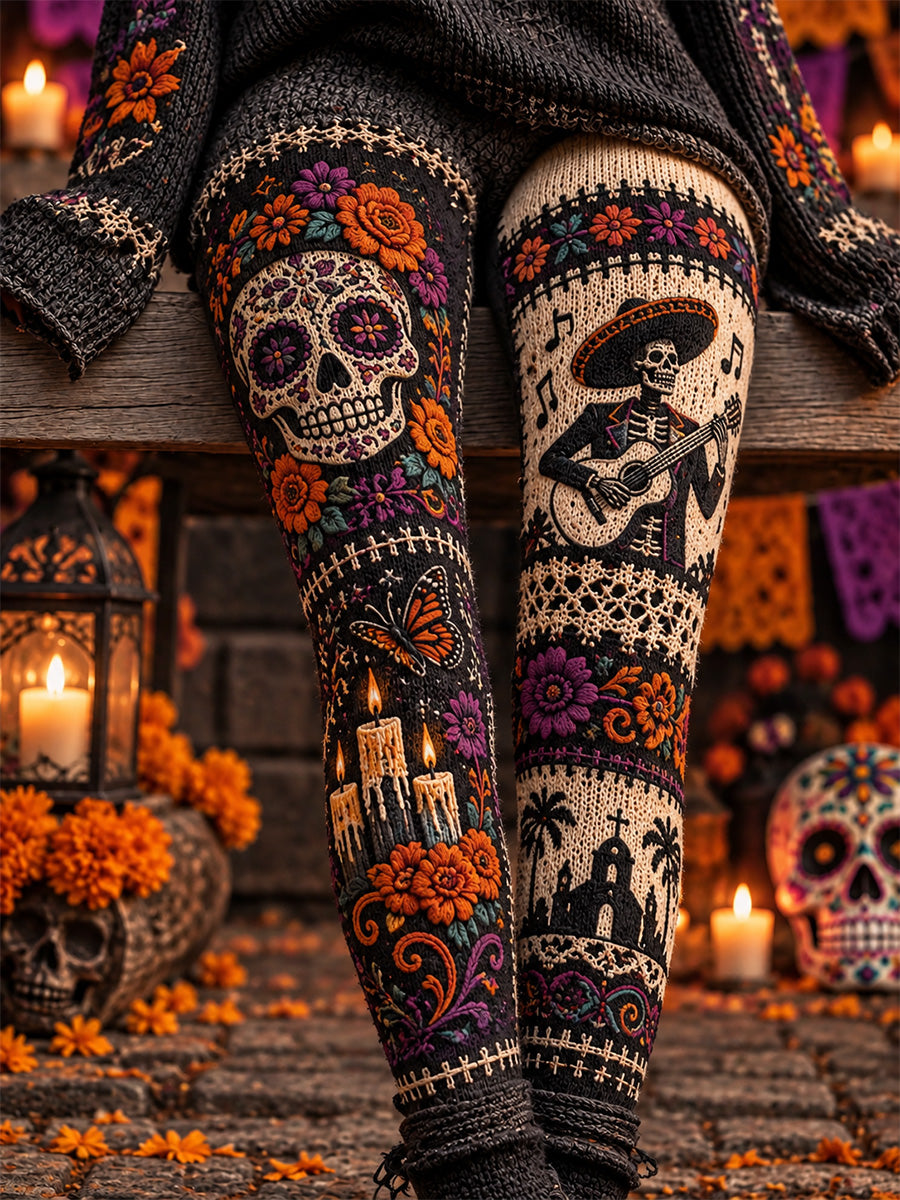 Women's Mexico Day of The Dead Art Print Casual Velvet Leggings