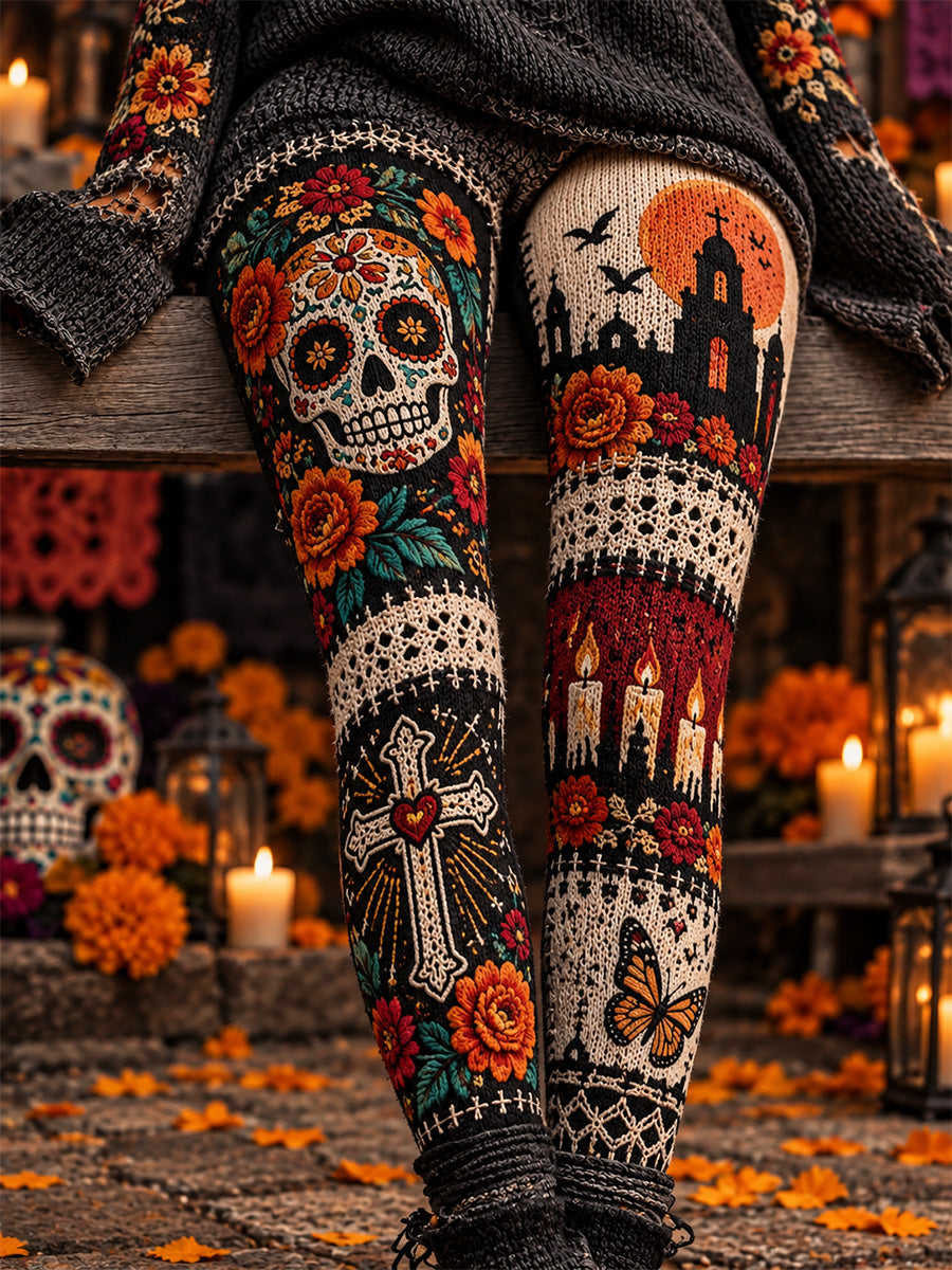 Women's Mexico Day of The Dead Art Print Casual Velvet Leggings