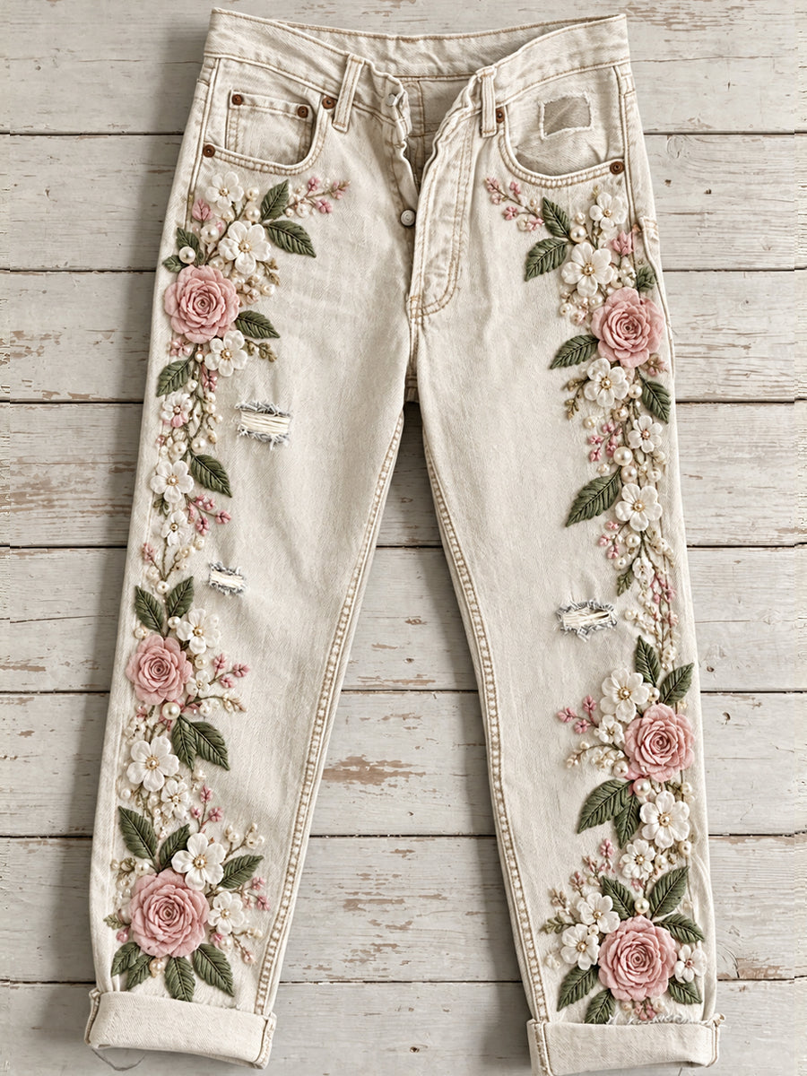 Women's Flowers Animal Art Print Jeans