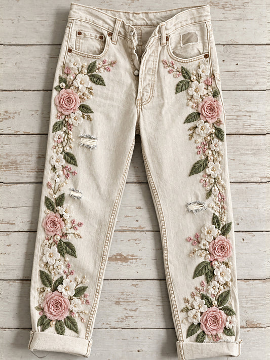 Women's Flowers Animal Art Print Jeans
