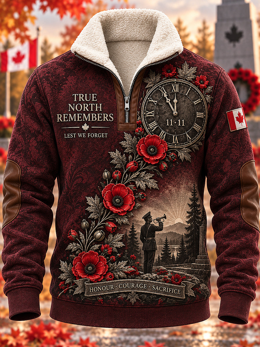 Men's Remembrance Day Printed Long Sleeved Stand Up Collar Lambhair Zipper Top