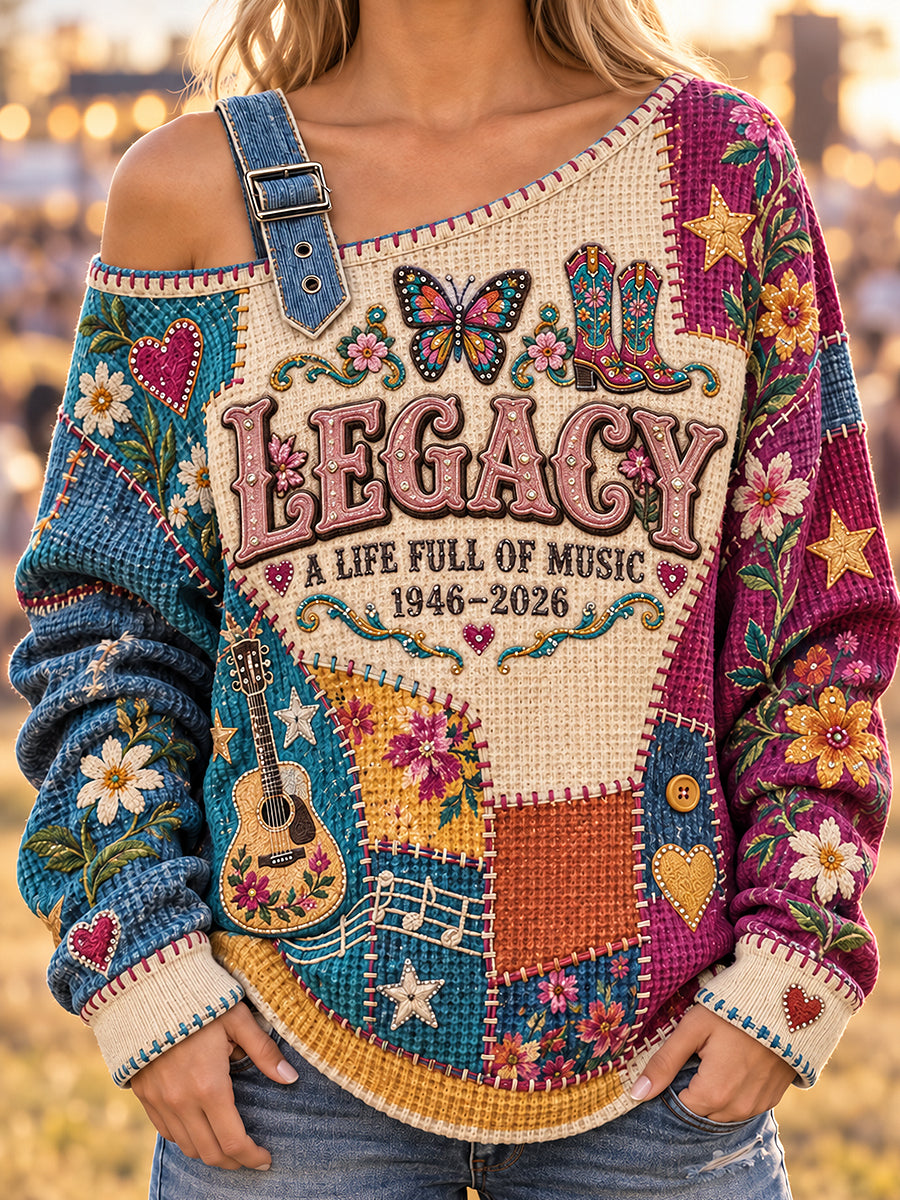 Women's Classic Country Music Lover Memorial  Printed One Shoulder Waffle Casual Sweatshirt