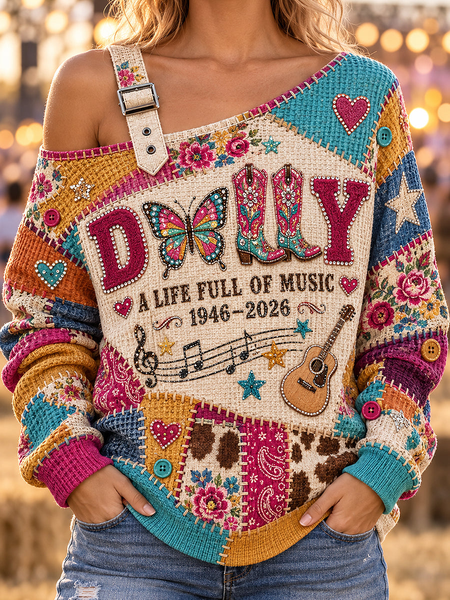 Women's Classic Country Music Lover Memorial  Printed One Shoulder Waffle Casual Sweatshirt