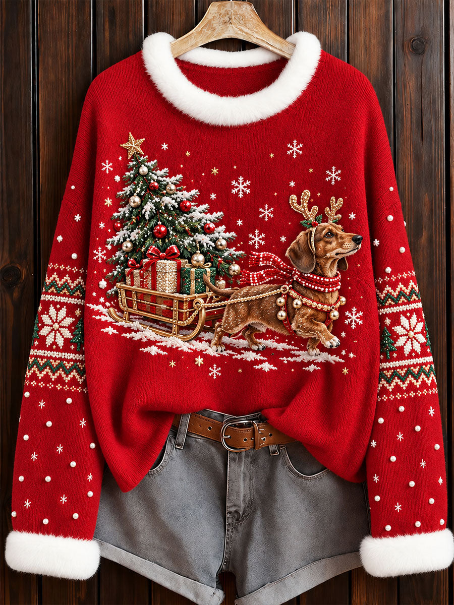 Women's Christmas Dachshund Print Crew Neck Sweater