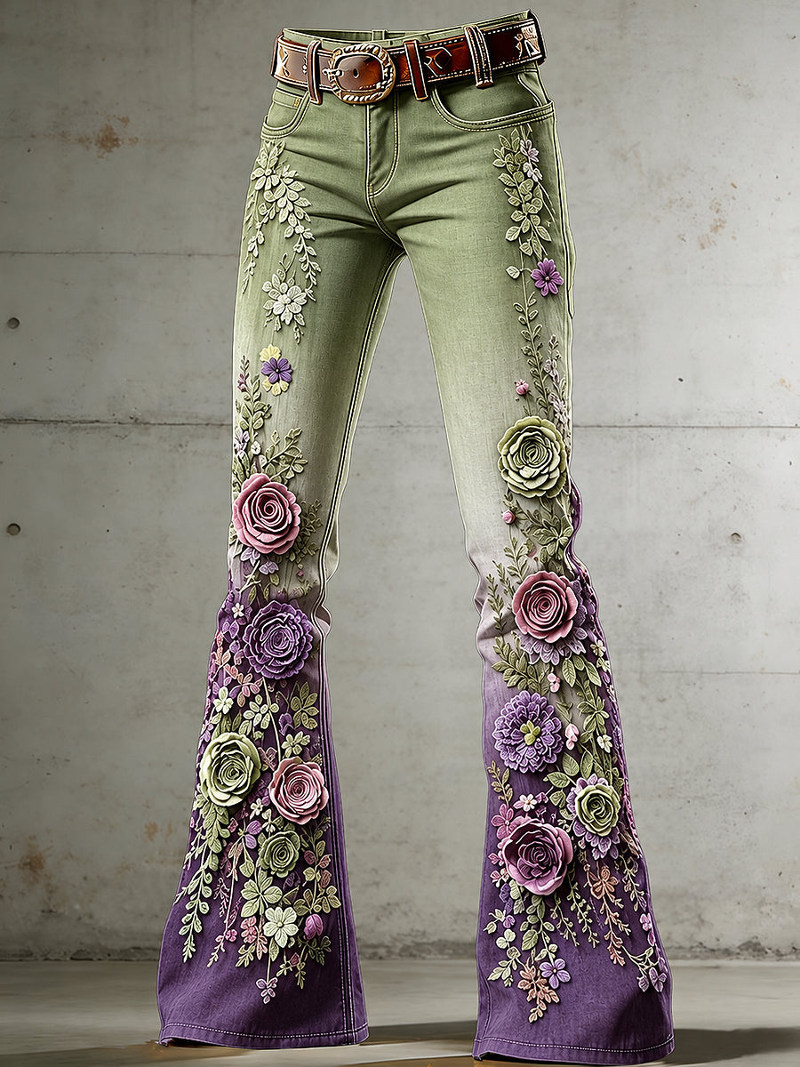 Women's Flowers Art Print Flared Trousers