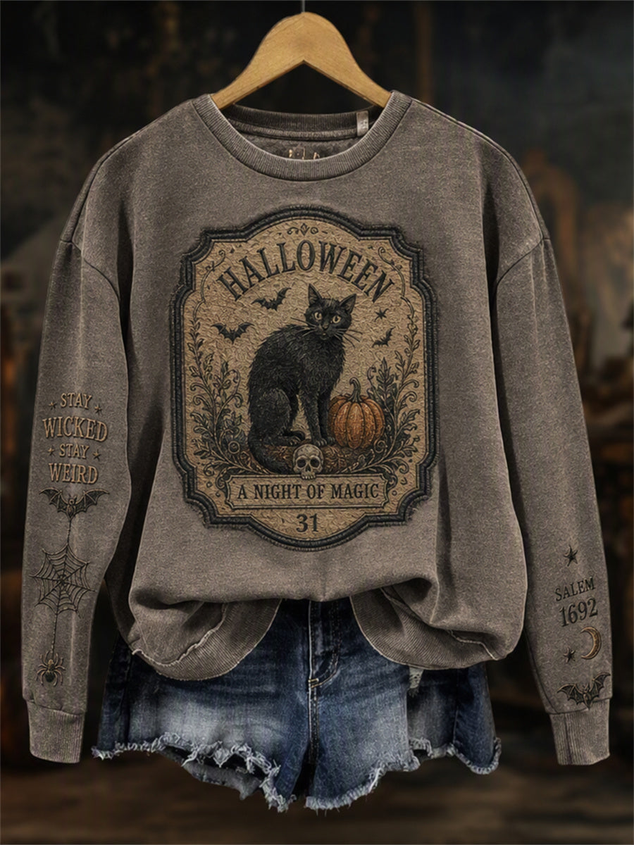 Women's Vintage Halloween Black Cat Gothic Print Sweatshirt