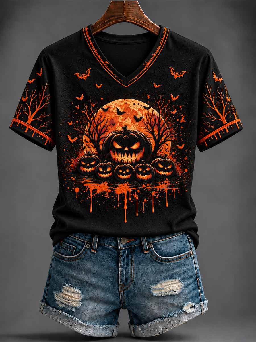 Women's Halloween Printed V-neck T-shirt