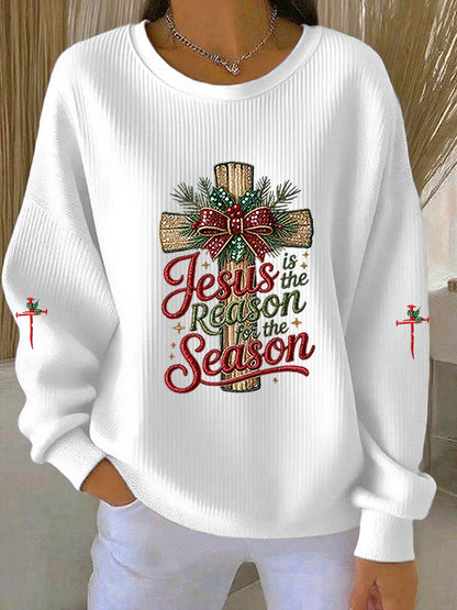 Women's Jesus Is The Reason For The Season Cross Ribbed Round-Neck Sweatshirt