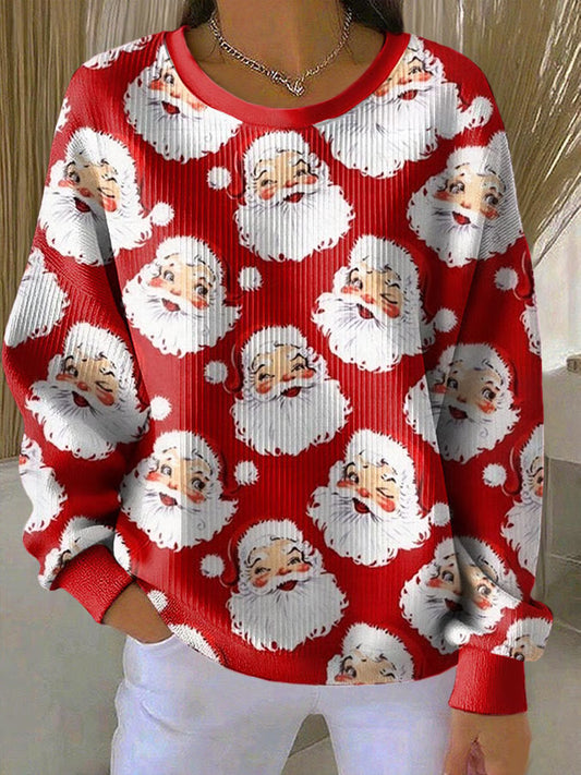 Women's Christmas Santa Claus Print Ribbed Round-Neck Sweatshirt