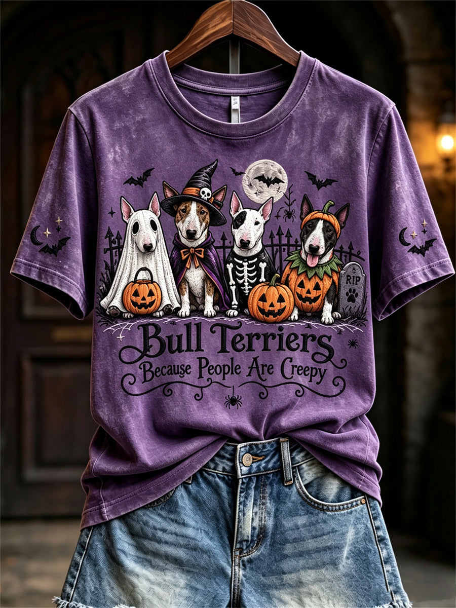 Women's Bull Terriers Because People Are Creepy Halloween Dogs Print short-sleeved T-shirt
