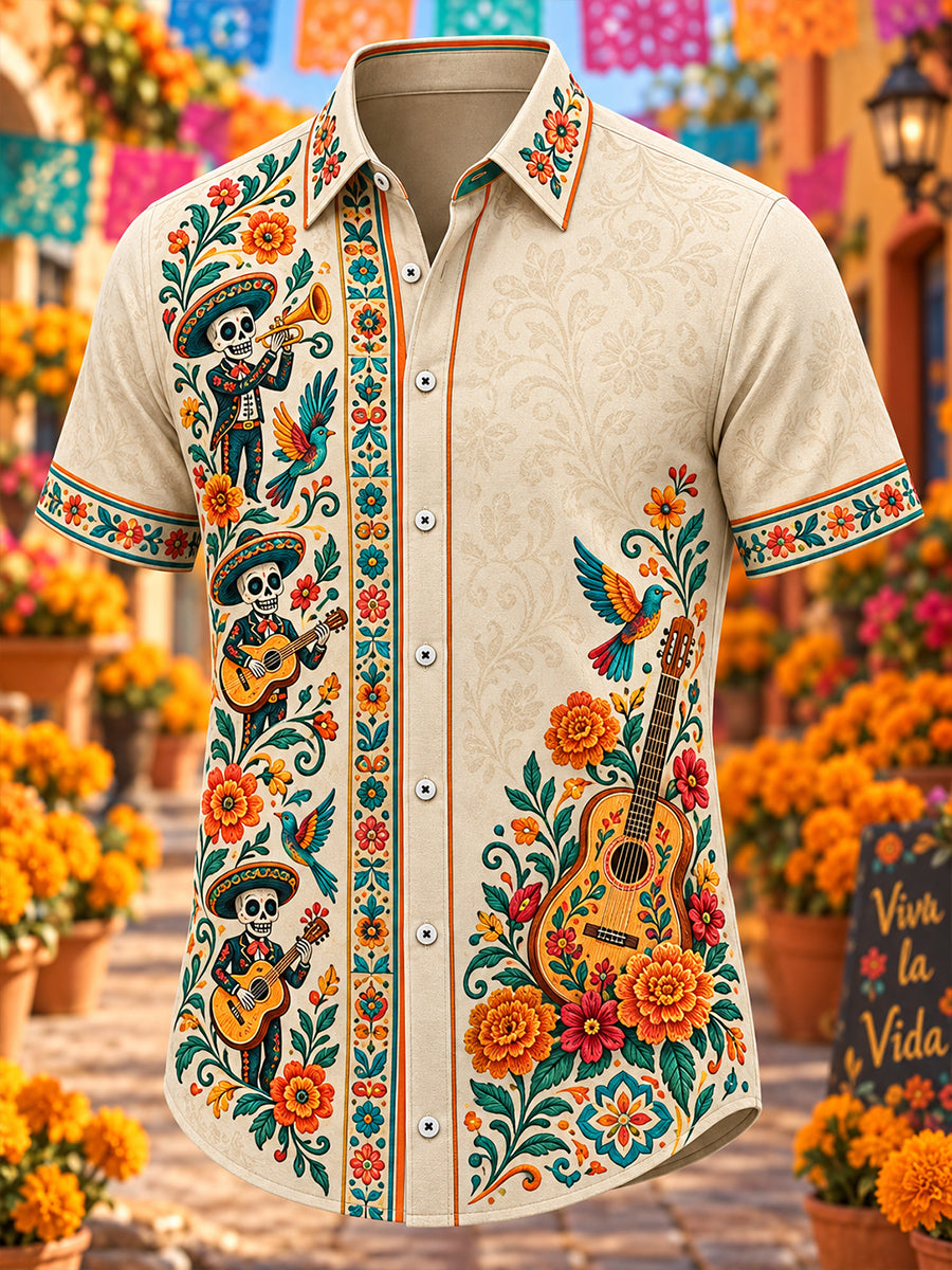 Men's Mexico's Day of the Dead Print Short-Sleeved Shirt