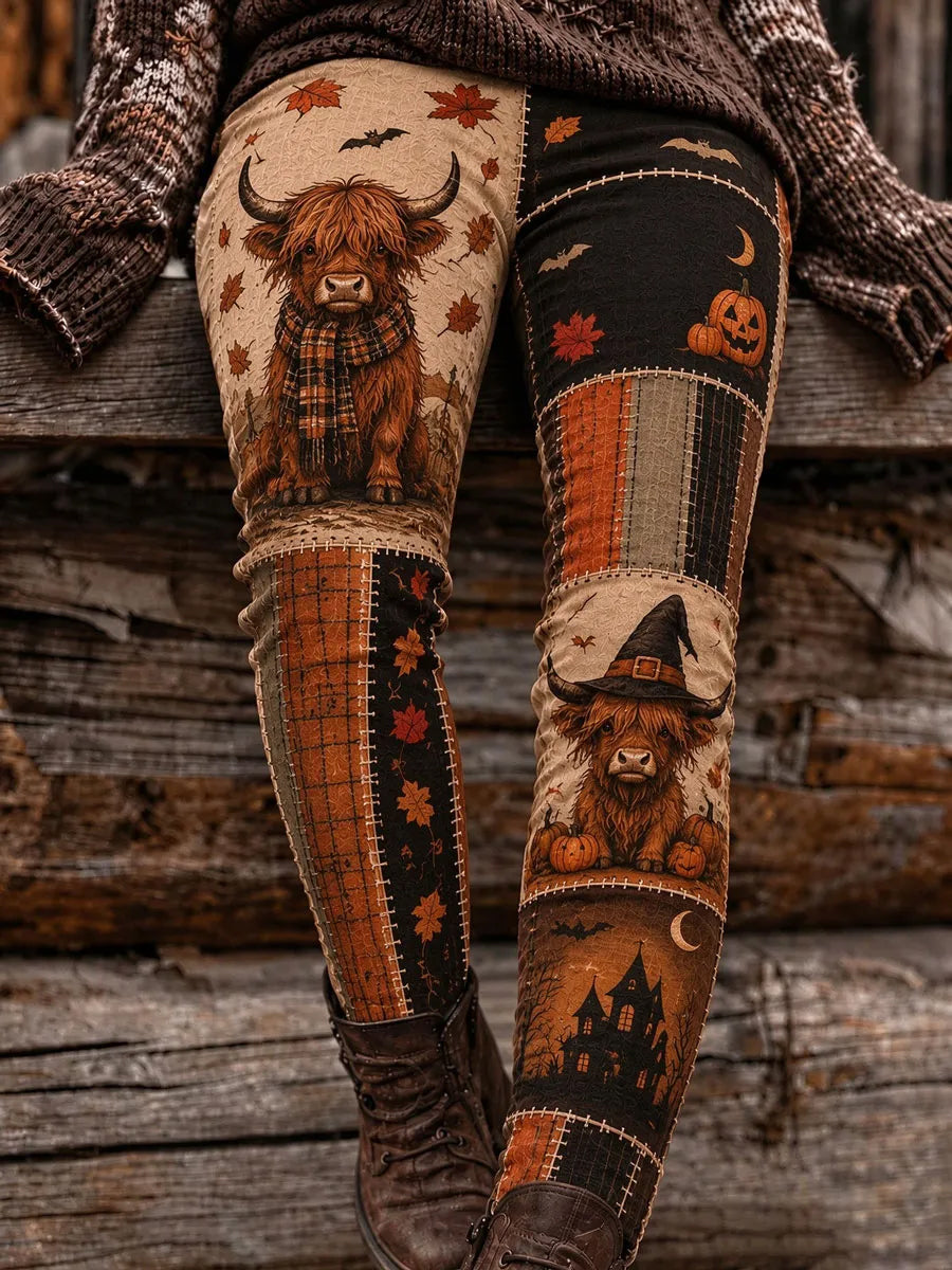 Women's Halloween Highland Cow Pumpkin Spider Web Leggings