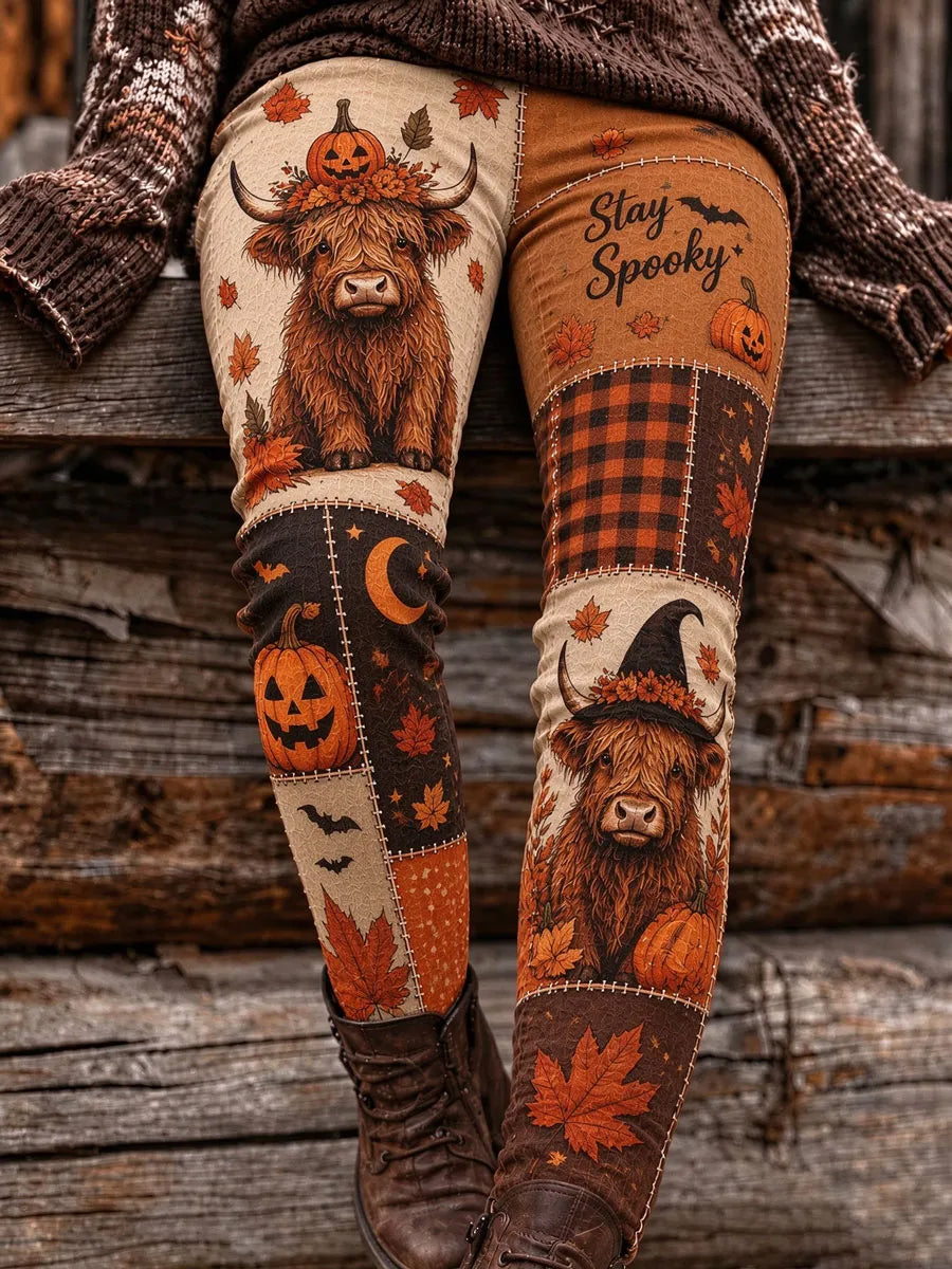 Women's Halloween Highland Cow Pumpkin  Leggings