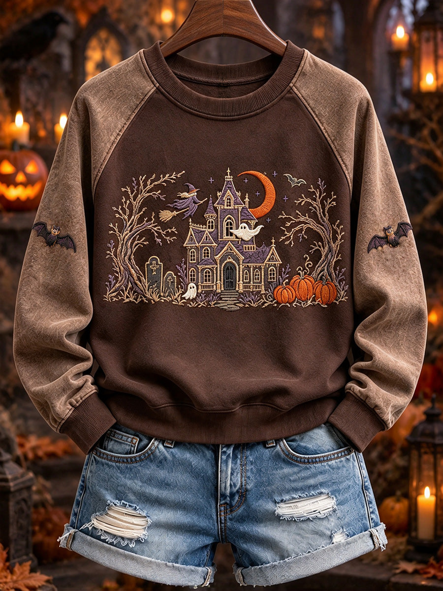Women's Halloween Haunted Manor Vintage Line Art Print Sweatshirt