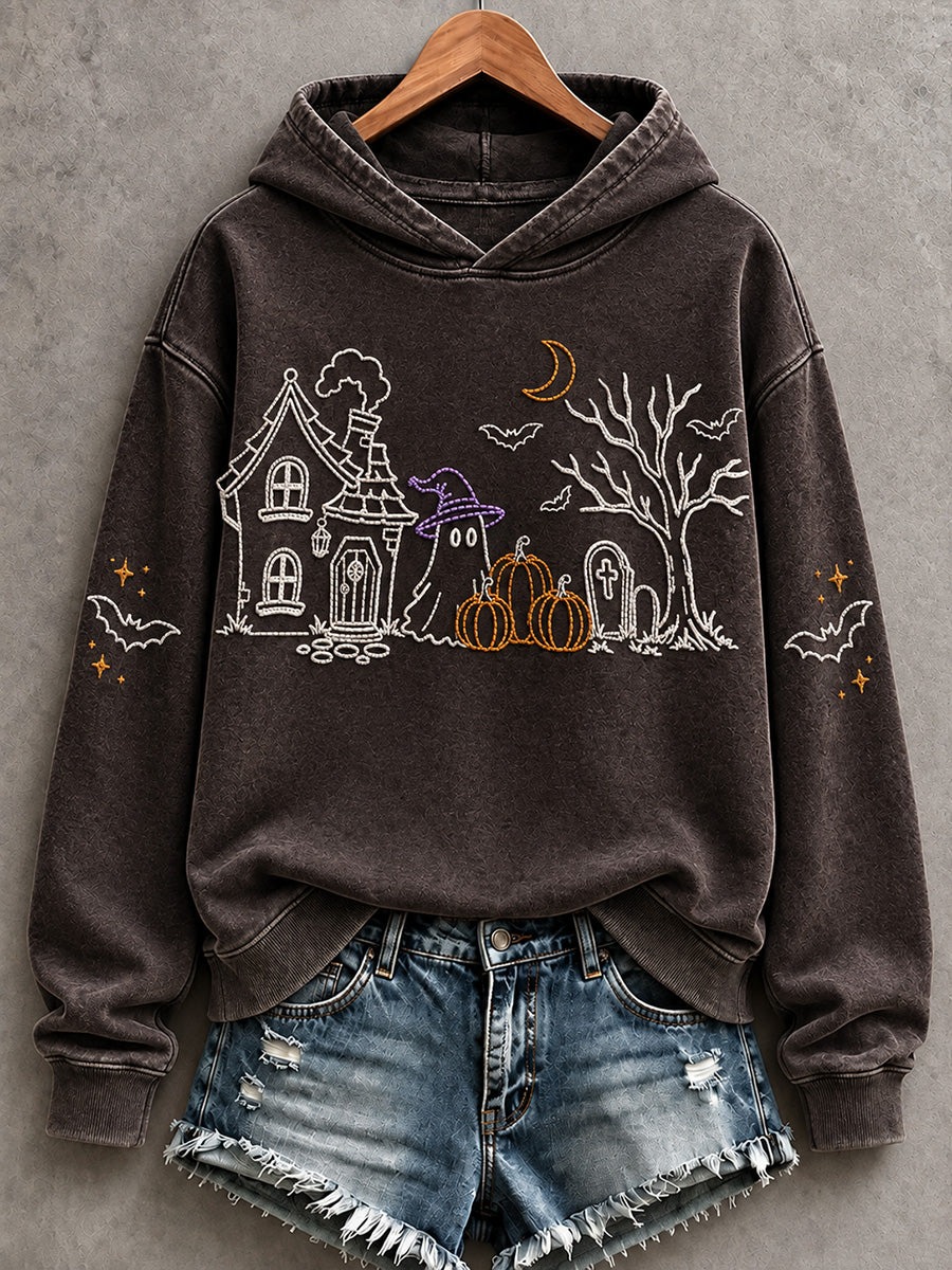 Women's Halloween Haunted Manor Vintage Line Art Print Hoodie