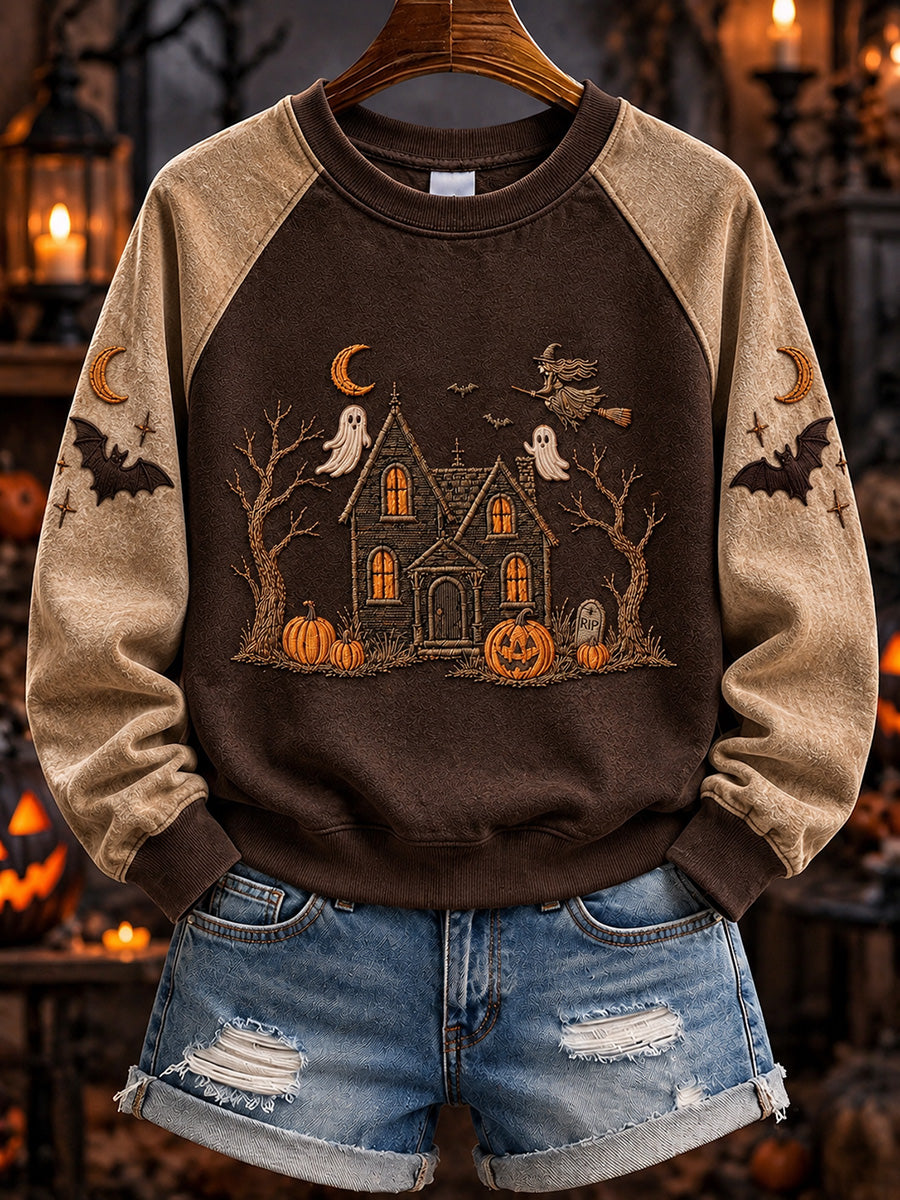 Women's Halloween Haunted Manor Vintage Line Art Print Sweatshirt
