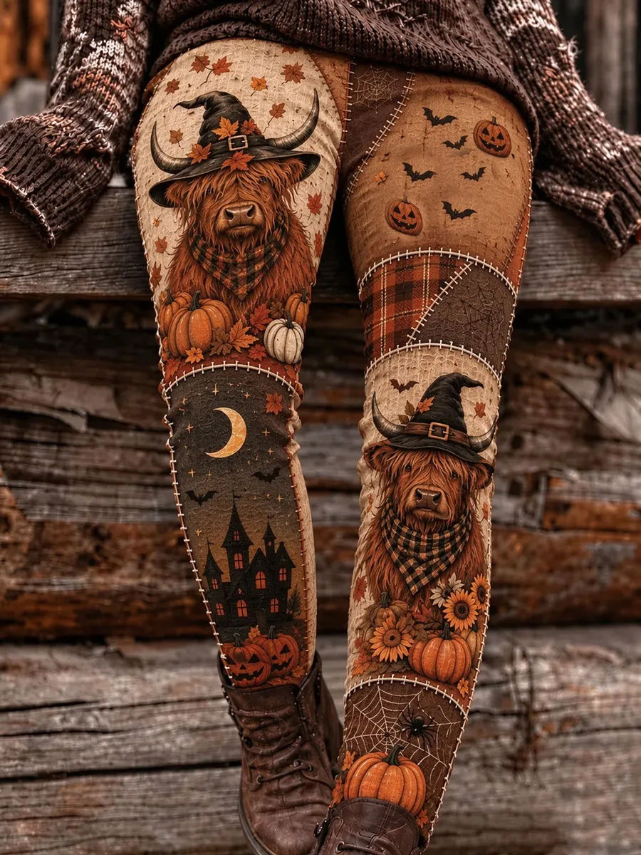 Women's Halloween Highland Cow Pumpkin Spider Web Leggings