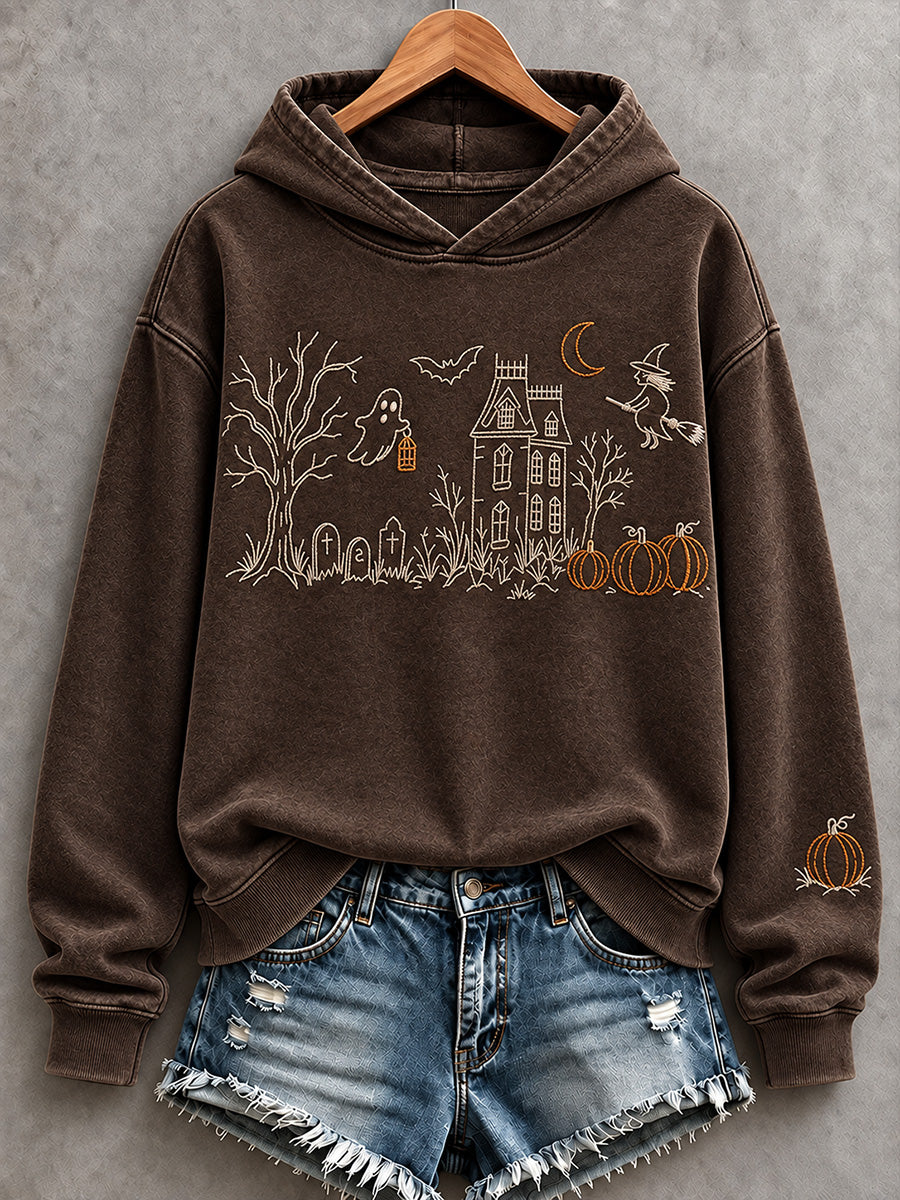 Women's Halloween Haunted Manor Vintage Line Art Print Hoodie