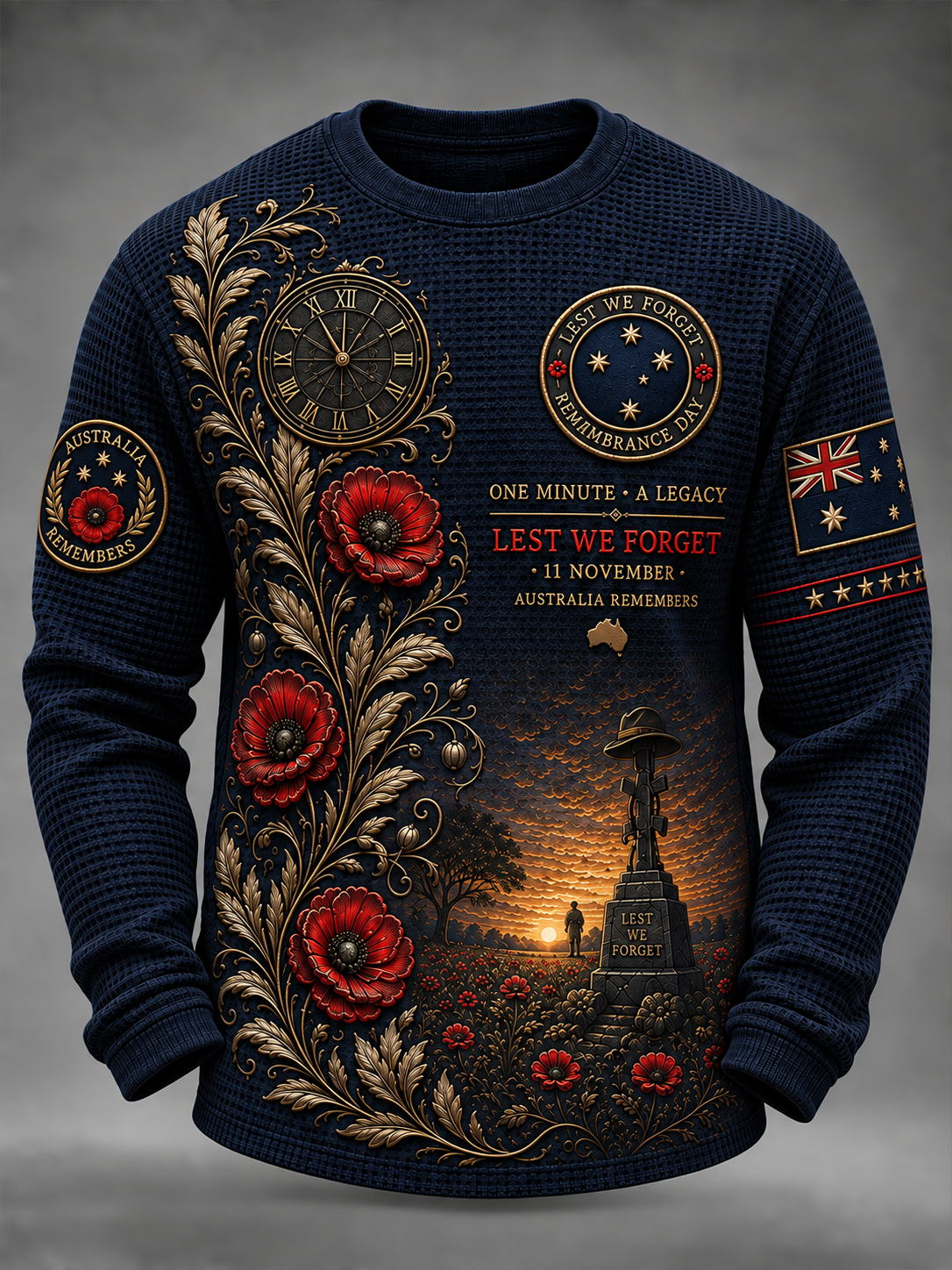 Men's Australian Veteran Remembrance Day Waffle Long Sleeve T-Shirt