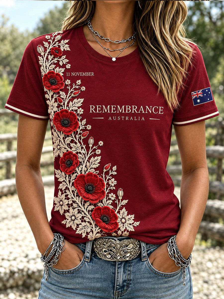 Women's VintageStyle Casual T-shirt with Australian Remembrance Day Commemorative Art Print