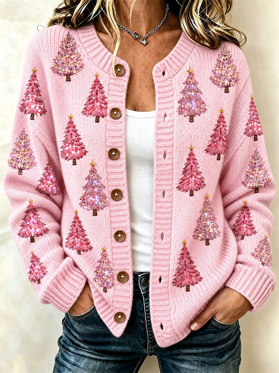 Women's Pink Christmas Tree Cozy Knit Cardigan