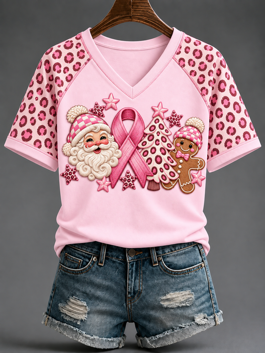 Women's Pink Christmas V-neck Off-shoulder Short-sleeved T-shirt