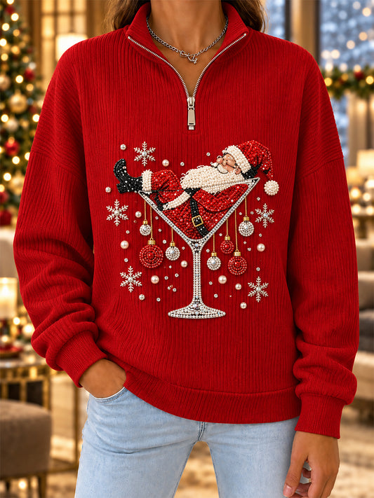Women's Retro Christmas Cocktail Santa Claus Zipper Hoodie