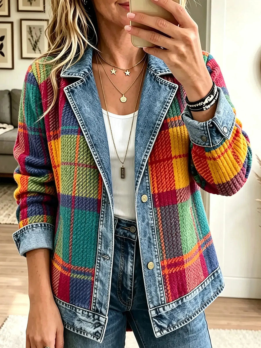 Women's Vintage Plaid Pattern Patchwork Cardigan