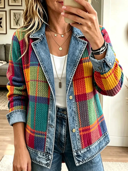 Women's Vintage Plaid Pattern Patchwork Cardigan