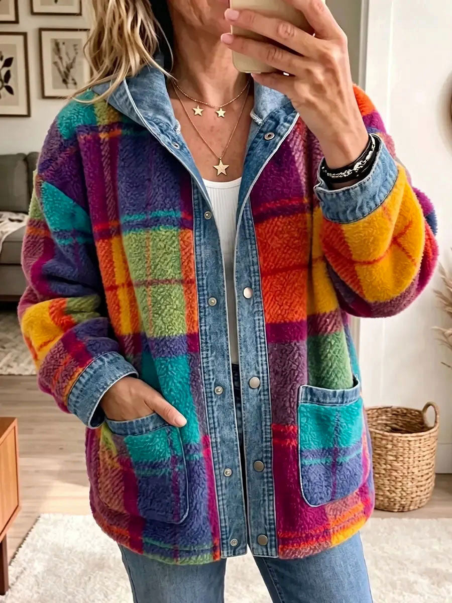 Women's Vintage Plaid Pattern Patchwork Hooded Cardigan
