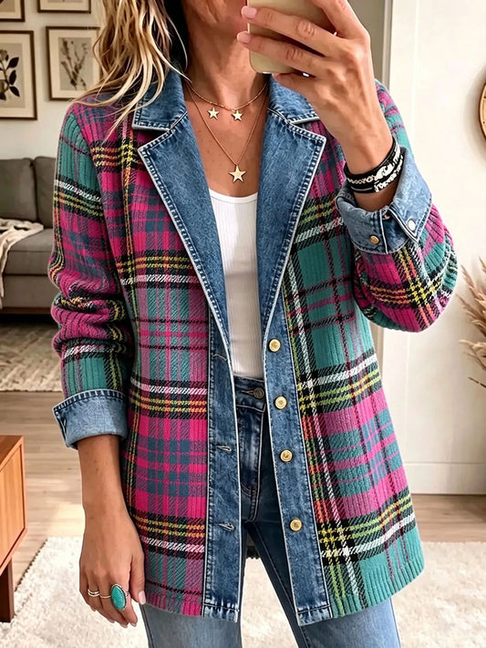 Women's Vintage Plaid Pattern Patchwork Cardigan