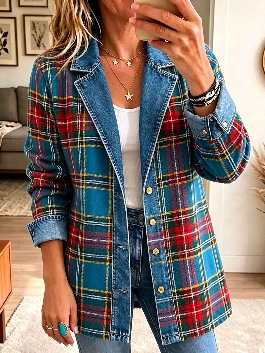 Women's Vintage Plaid Pattern Patchwork Cardigan