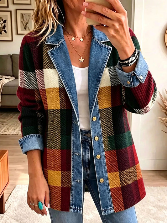 Women's Vintage Plaid Pattern Patchwork Cardigan