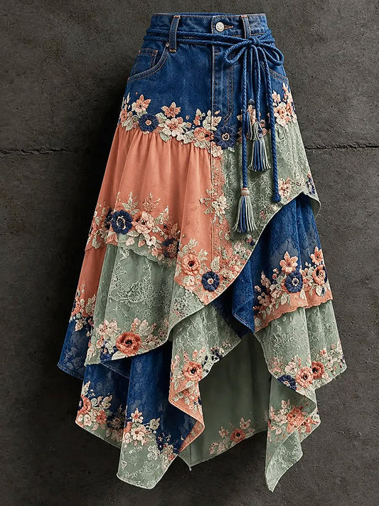 Women's Art Flowers Printed Irregular Skirt