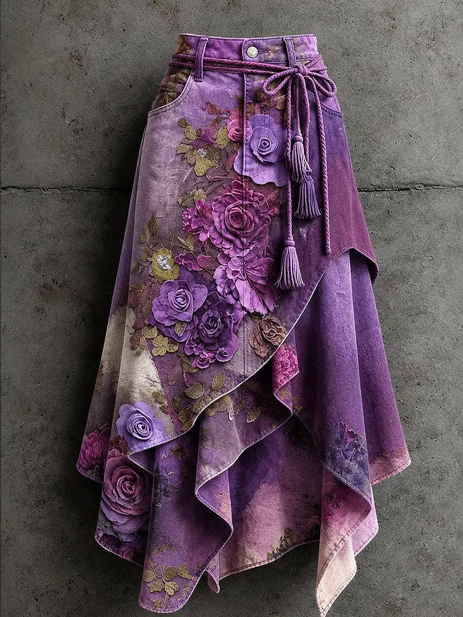 Women's Art Flowers Printed Irregular Skirt