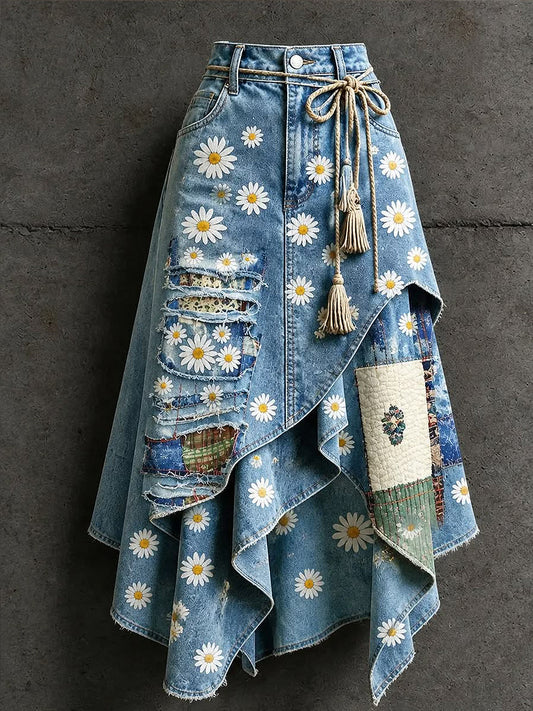 Women's Art Flowers Printed Irregular Skirt