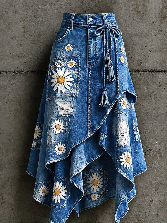 Women's Art Flowers Printed Irregular Skirt