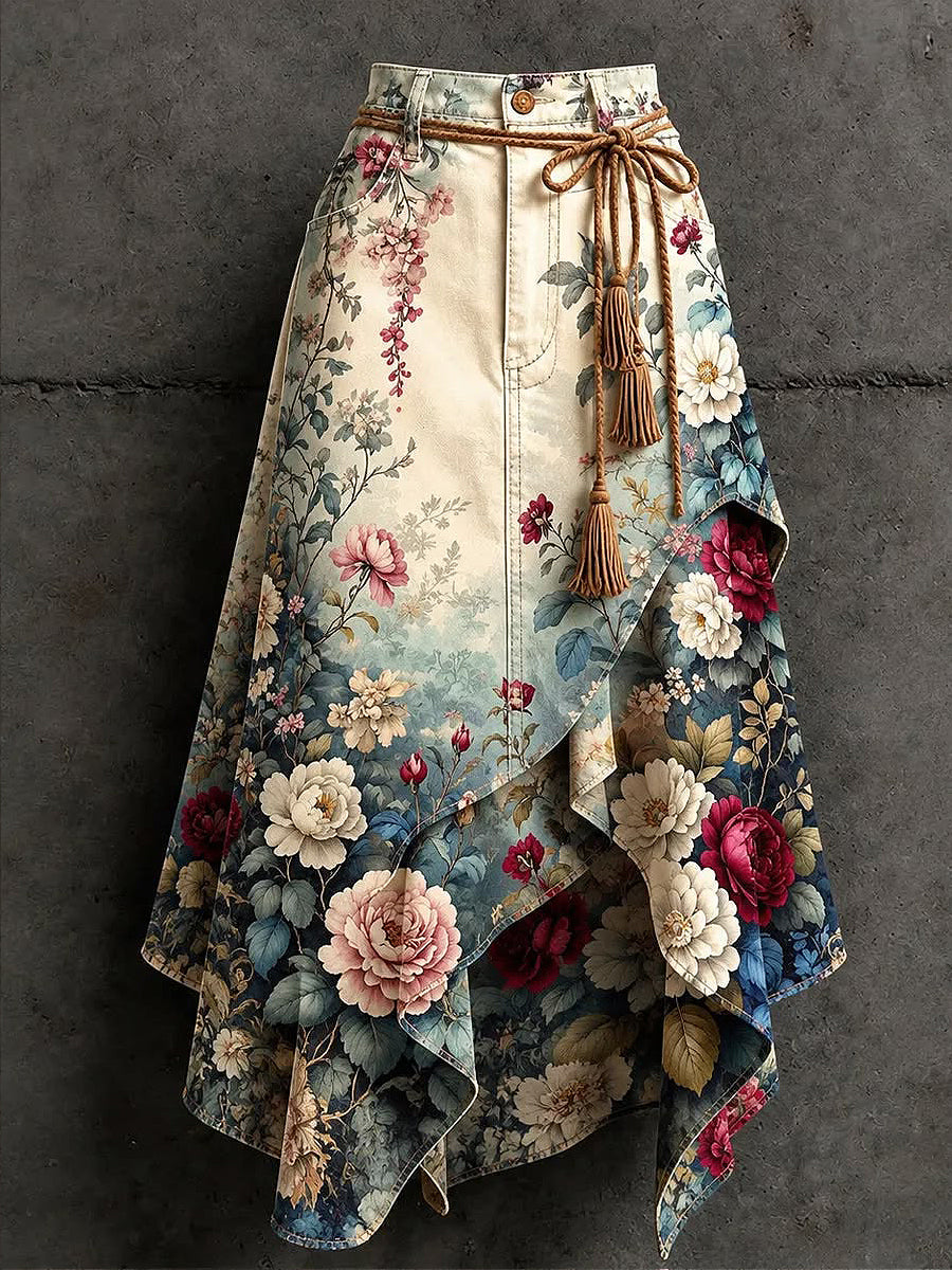 Women's Art Flowers Printed Irregular Skirt