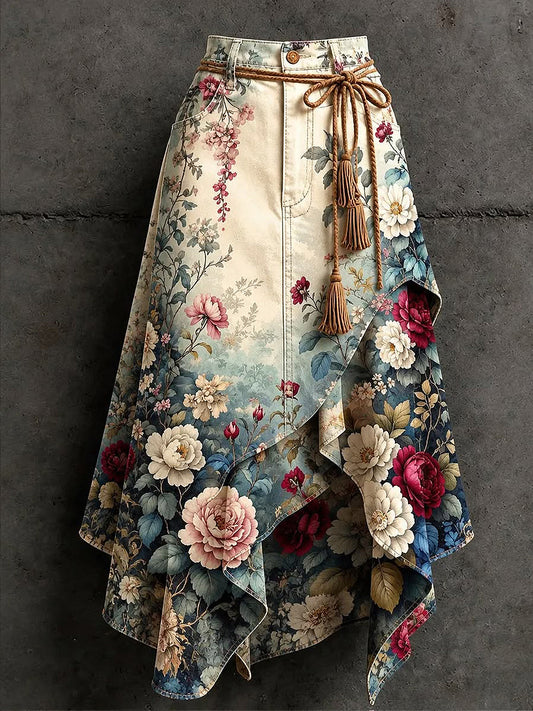 Women's Art Flowers Printed Irregular Skirt