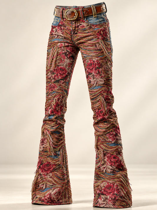 Women's Art Flowers Print Flared Trousers
