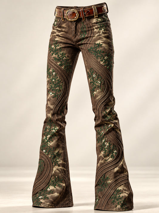 Women's Art Flowers Print Flared Trousers